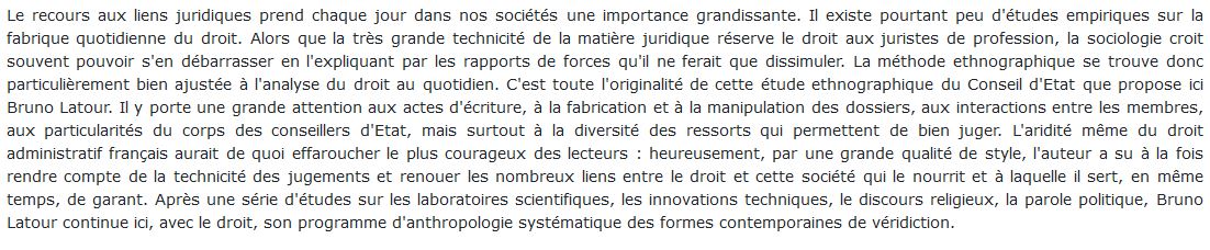 La fabrique du droit : une ethnographie du Conseil d’Etat, Bruno Latour