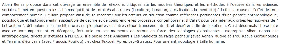 La fin de l’exotisme : Essais d’anthropologie critique, Alain BENSA 