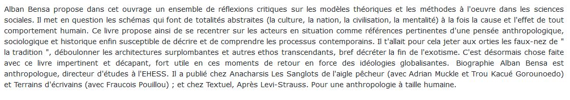 La fin de l’exotisme : Essais d’anthropologie critique, Alain BENSA 