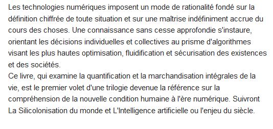  La vie algorithmique ; critique de la raison numérique 