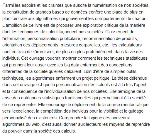  A quoi rêvent les algorithmes, Dominique Cardon 