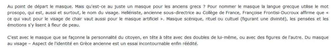 Du masque au visage : aspects de l’identité en Grèce ancienne, Françoise Frontisi-Ducroux 