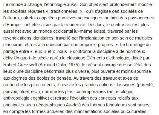  Ethnologie ; concepts et aires culturelles 