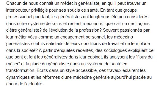  Singuliers généralistes ; sociologie de la médecine générale 