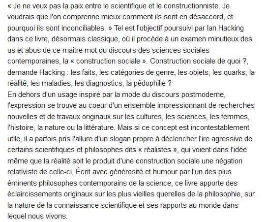  Entre science et réalité ; la construction sociale de quoi ? 