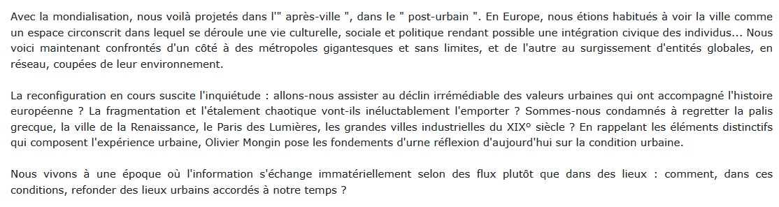 La Condition urbaine