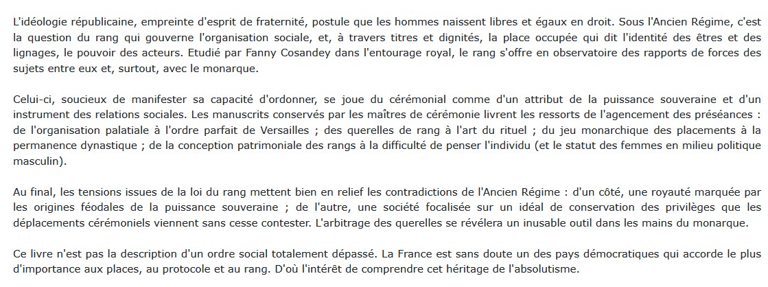 Le rang - Préséances et hiérarchies dans la France d’Ancien Régime, Fanny Cosandey