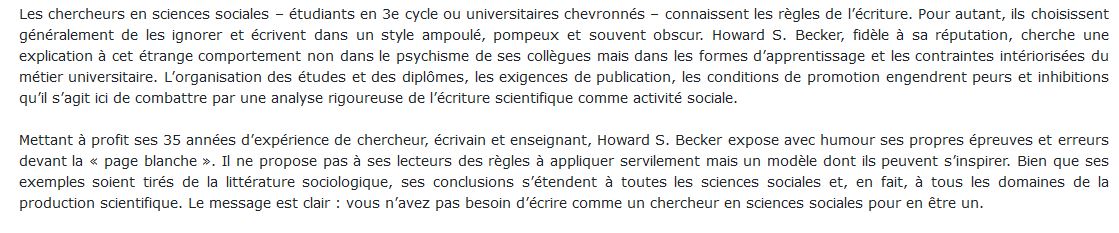 Ecrire les sciences sociales howard becker