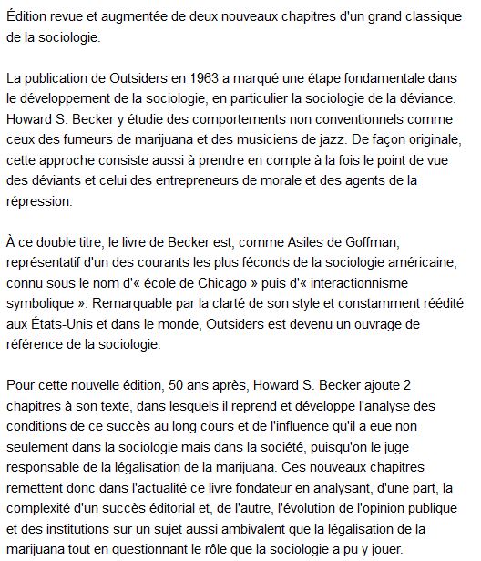 Outsiders - Etudes de sociologie de la déviance