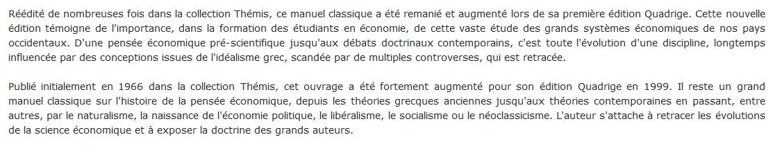 Histoire de la pensée économique livre