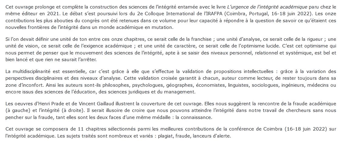nouvelles frontières de l'intégrité académique