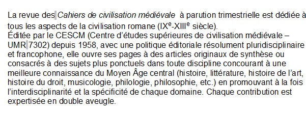 CAHIERS DE CIVILISATION MEDIEVALE