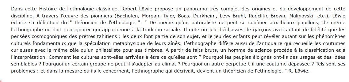 Histoire de l'ethnologie classique, Robert Lowie 