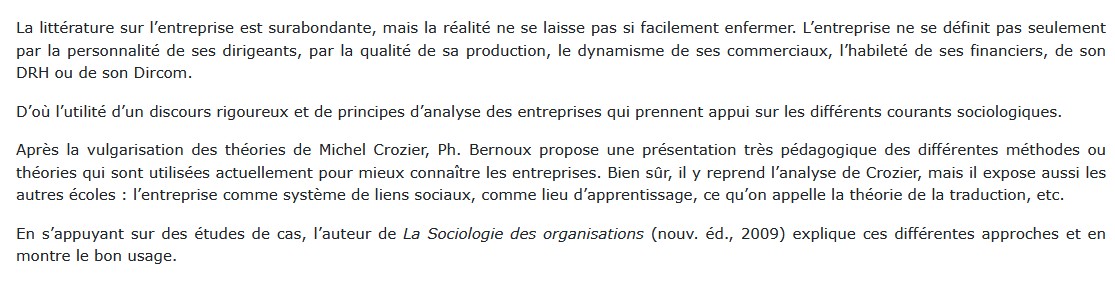 La Sociologie des entreprises, Philippe Bernoux 