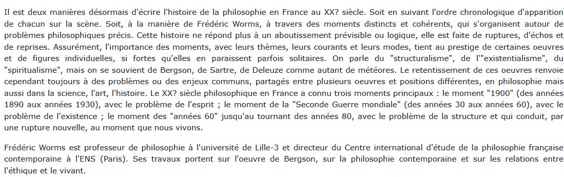La philosophie en France au XXe siècle moments, Frédéric Worms