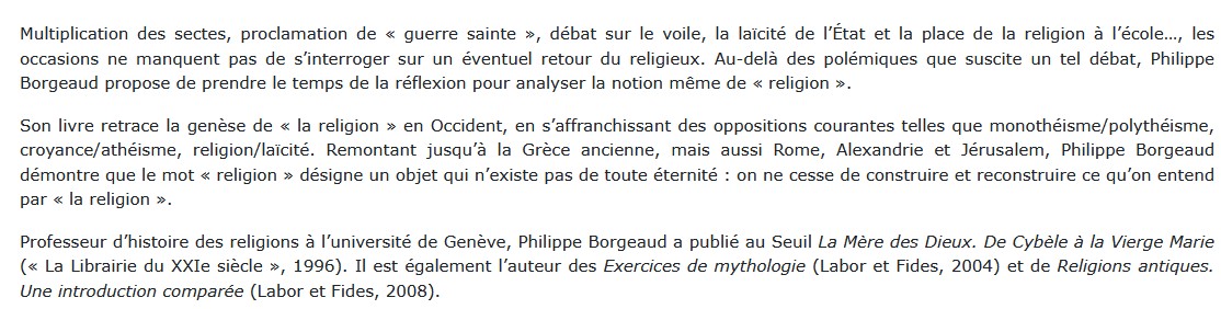 Aux origines de l'histoire des religions, Philippe Borgeaud 