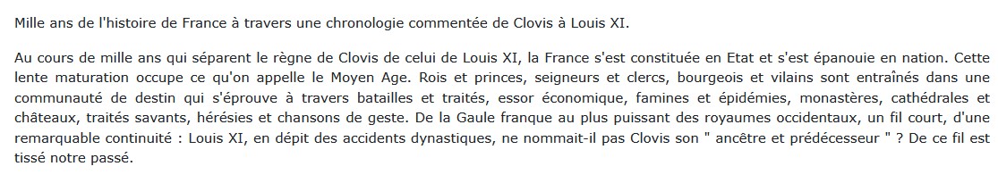 Chronologie commentée du Moyen Age Français