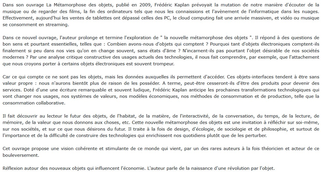 La métamorphose des objets, Frédéric Kaplan 