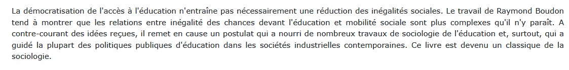 L'inégalité des chances, Raymond Boudon