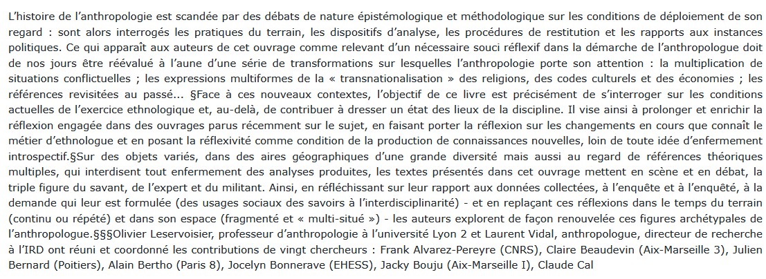L'anthropologie face à ses objets - Nouveaux contextes ethnographiques