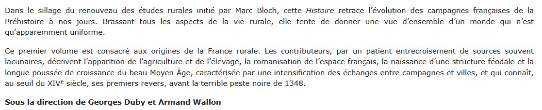 Histoire de la France rurale, tome 1 - Des origines à 1340, Georges Duby, Armand Wallon