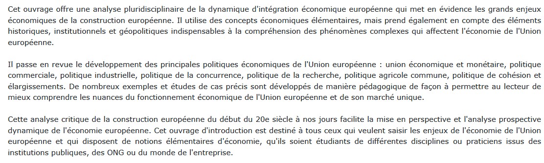 Introduction à l'économie européenne, Jean-Christophe Defraigne et Patricia Nouveau