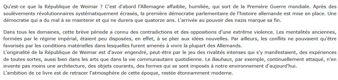 La Vie quotidienne sous la République de Weimar : 1919-1933 , Lionel Richard 