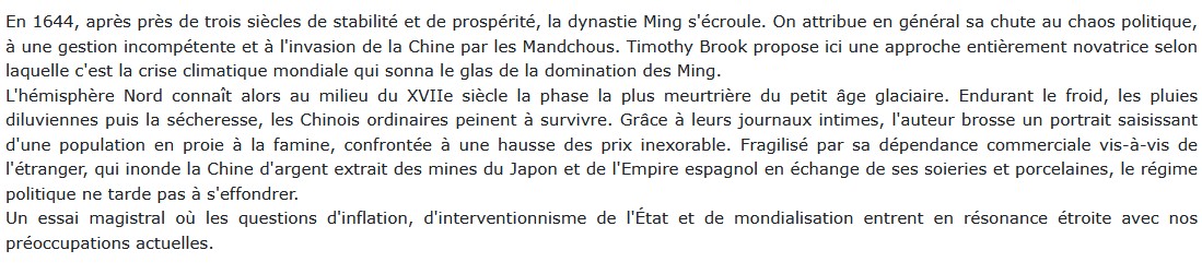Le petit âge glaciaire et la chute de la Chine des Ming, Timothy Brook