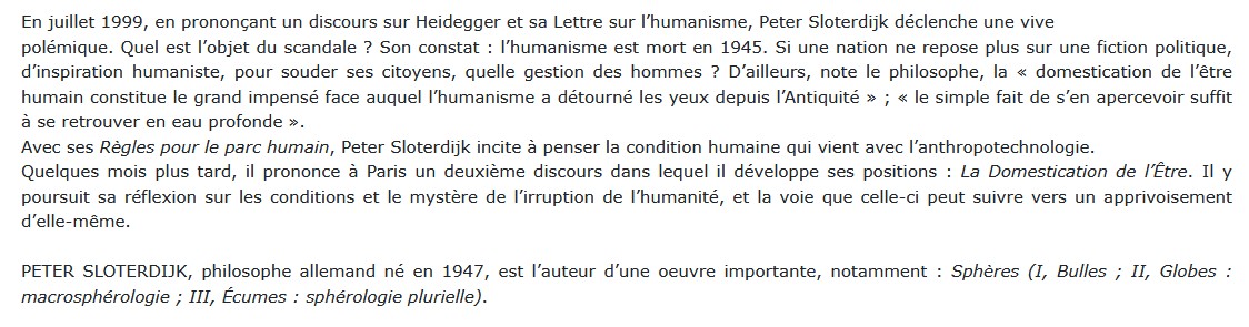 Règles pour le parc humain, Peter Sloterdijk 