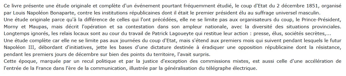 Le Coup d'Etat du 2 décembre 1851, Patrick Lagoueyte 