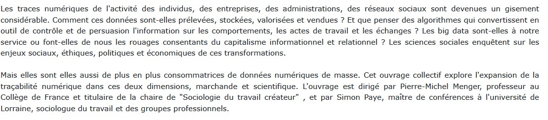 Big data et traçabilité numérique, Pierre-Michel Menger et Simon Paye