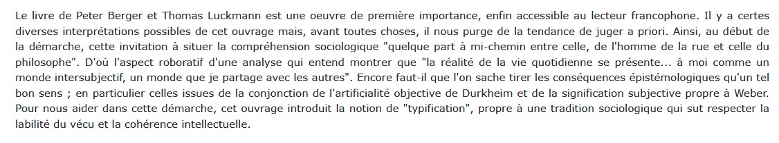 La construction sociale de la réalité, Peter Berger et Thomas Luckmann 