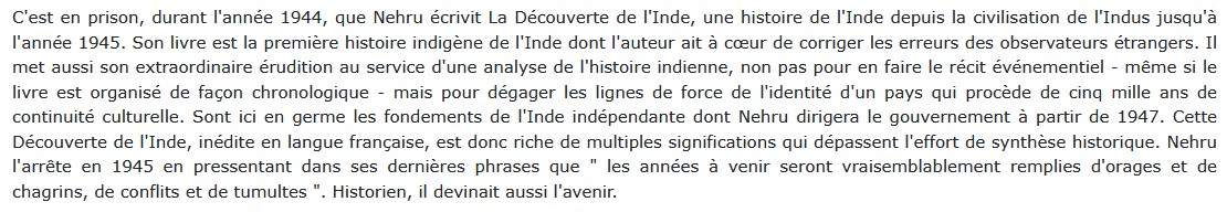 La découverte de l'Inde, Jawaharlal Nehru