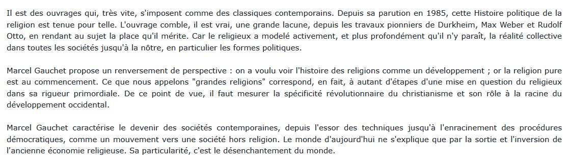 Le désenchantement du monde, Marcel Gauchet 