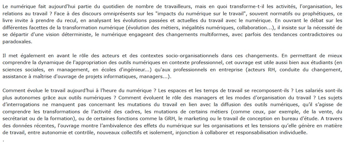 Sociologie du numérique au travail, Marie Benedetto-Meyer et Anca Boboc 