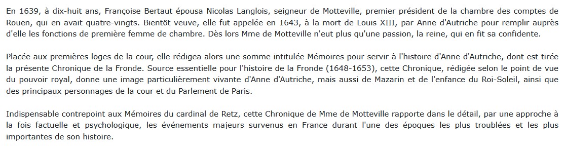Chronique de la Fronde, Madame de Motteville 