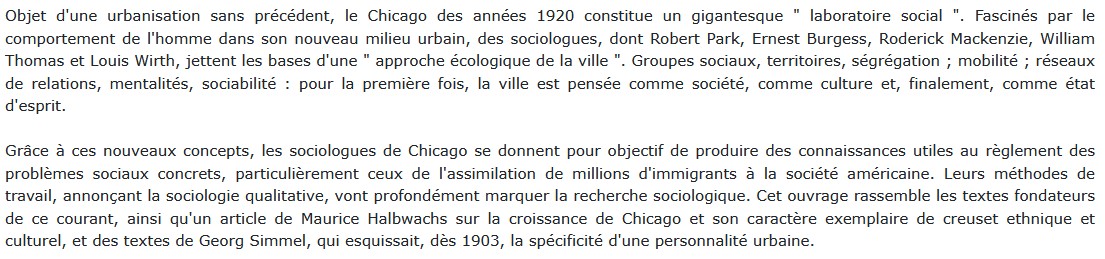 L'École de Chicago - Naissance de l'écologie urbaine,  Yves Grafmeyer 