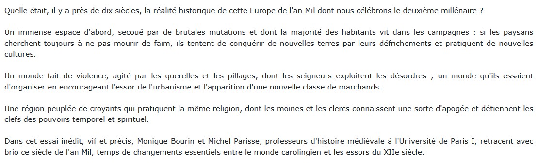 L'Europe au siècle de l'An Mil,  Monique Bourin et Michel Parisse 