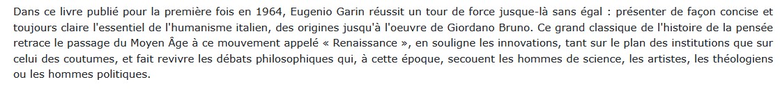 L'Humanisme Italien, Eugenio Garin