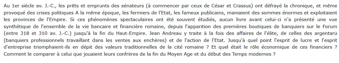 La Banque et les affaires dans le monde Romain, Jean Andreau