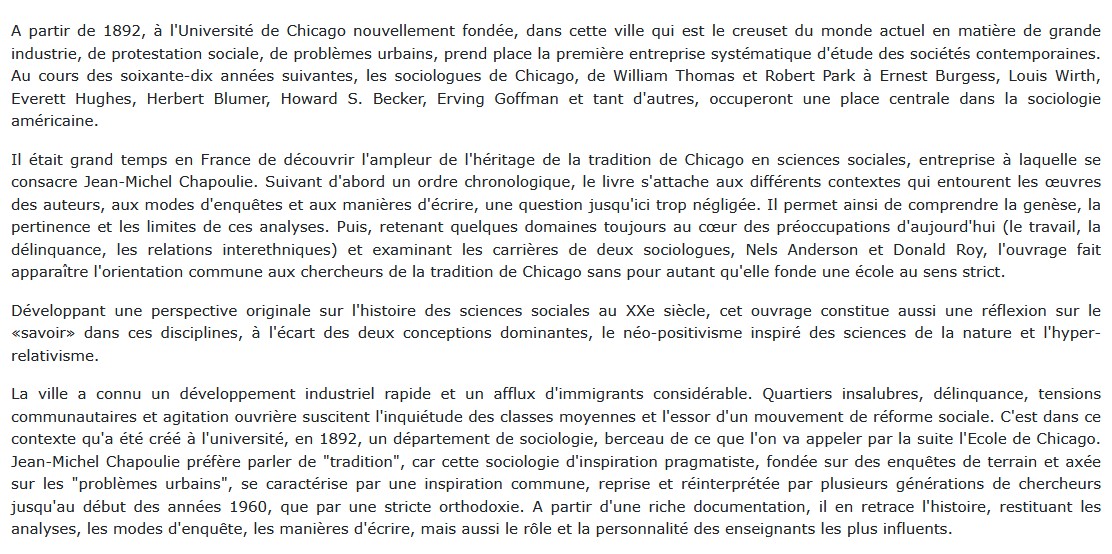 La Tradition sociologique de Chicago Jean-Michel Chapoulie