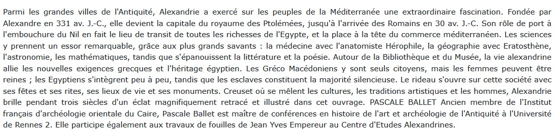 La vie quotidienne à Alexandrie Pascale Ballet