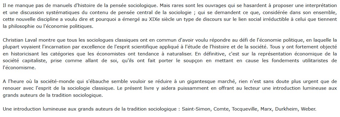 L'ambition sociologique : Saint-Simon, Comte, Tocqueville, Marx, Durkheim, Weber, de Christian Laval 