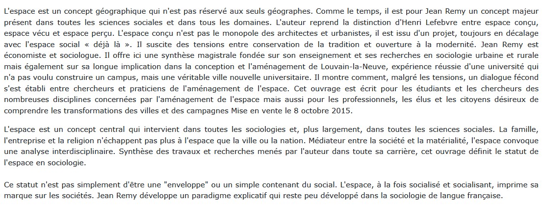 L'espace : un objet central de la sociologie, Jean Remy 