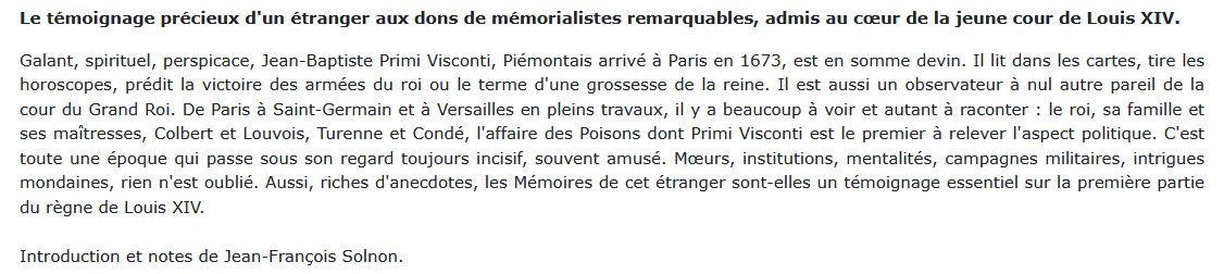 Mémoires sur la cour de Louis XIV, Primi Visconti