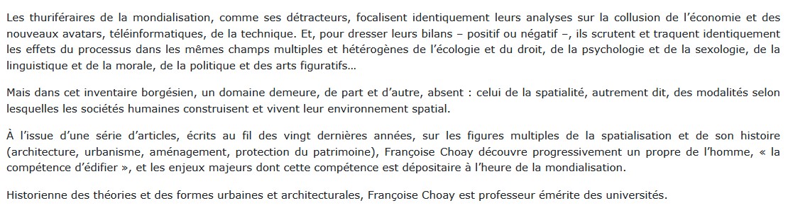 Pour une anthropologie de l'espace, Françoise Choay 