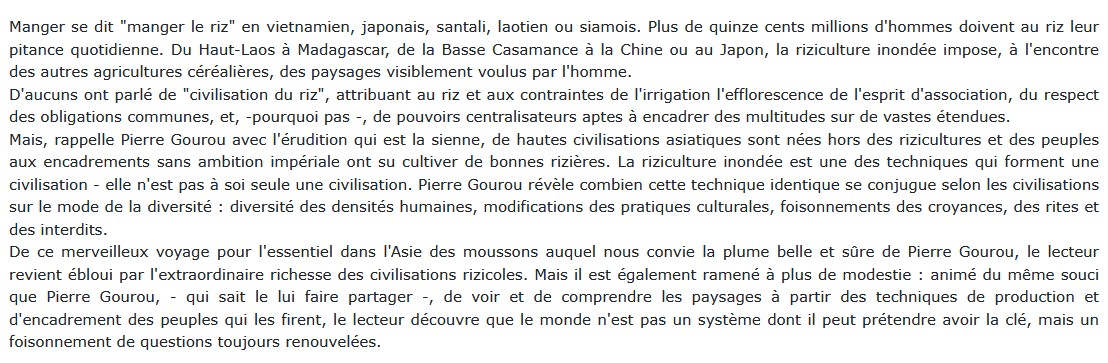 Riz et civilisation, Pierre Gourou 