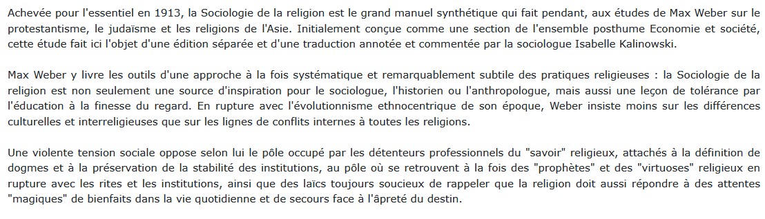 Sociologie de la religion,  Max Weber 