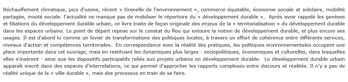 Sociologie urbaine et développement durable, Philippe Hamman 