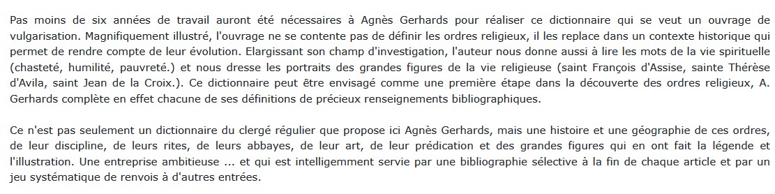 Dictionnaire historique des ordres religieux, Agnès Gerhards 